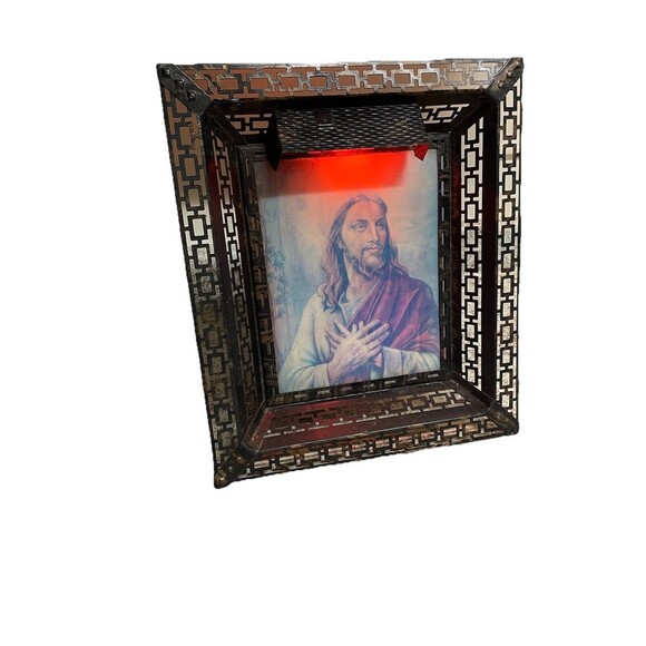 Vintage Metal Frame Lighted 3D Hologram Christ Jesus Lenticular Picture 15x13”